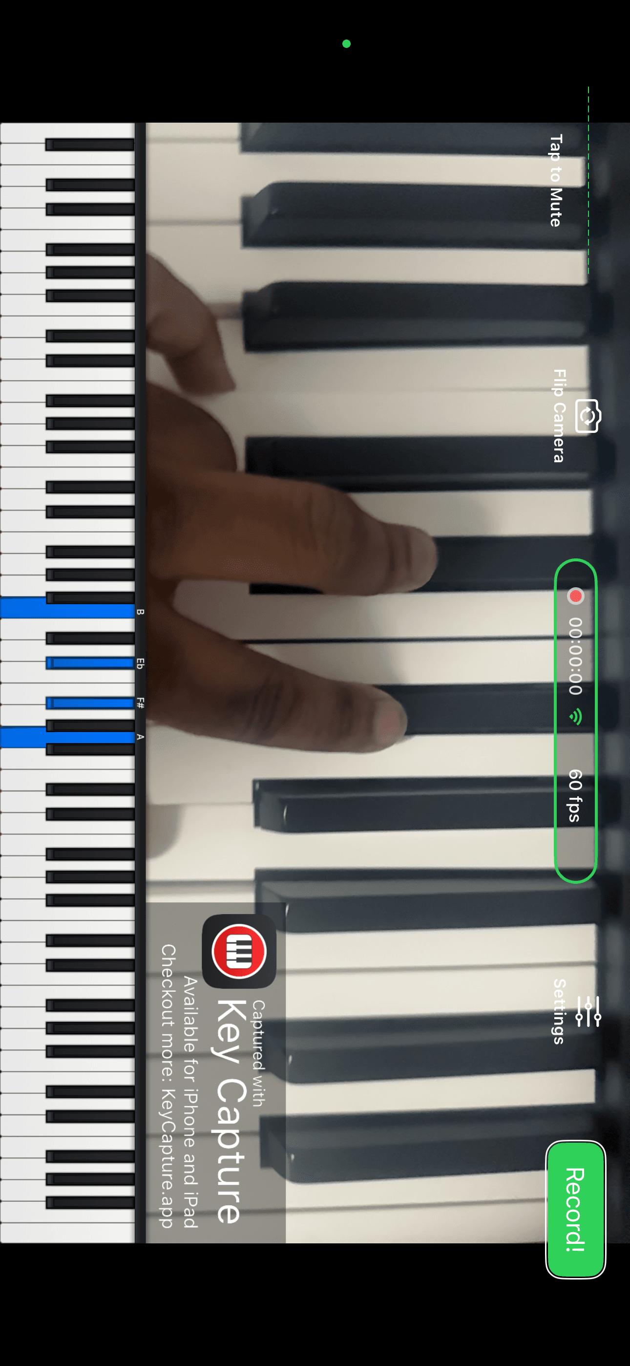 Key Capture app showing piano camera feed with 88-key MIDI overlay and Go Live button